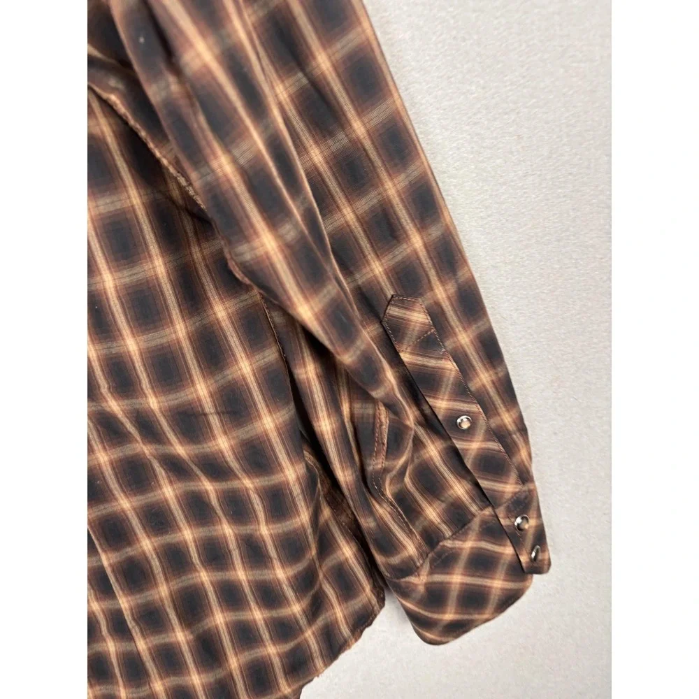 Banana Republic Shirt Mens XL Brown Plaid Western Pearl Snap Casual Long Sleeve